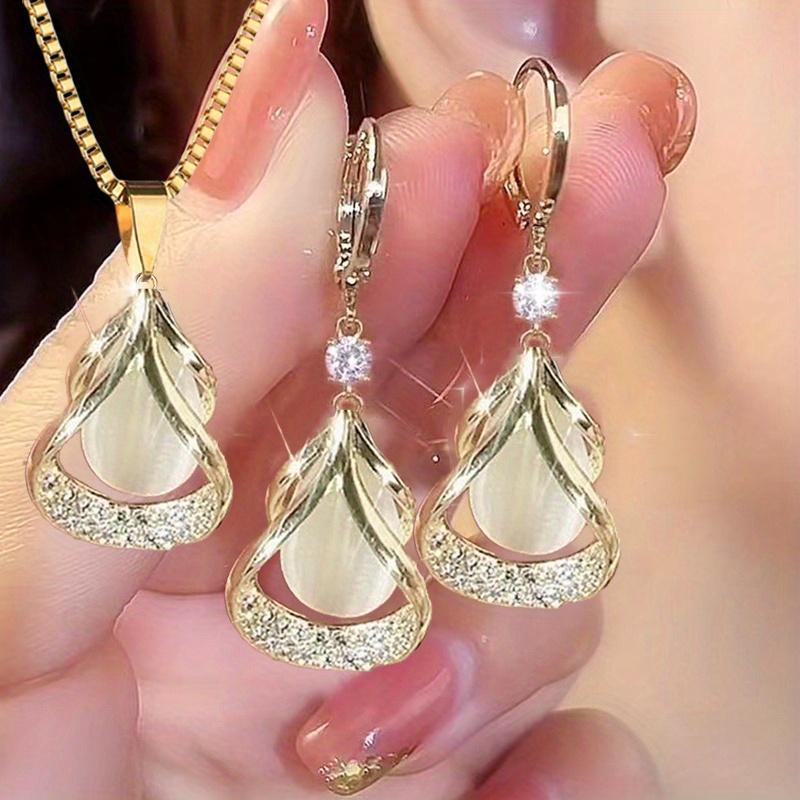 1 Set Elegant and Stylish New Cat's Eye Geometric Earrings & Necklace Drop Pendant Jewelry Set - Versatile, Delicate Gift for Valentine's Day