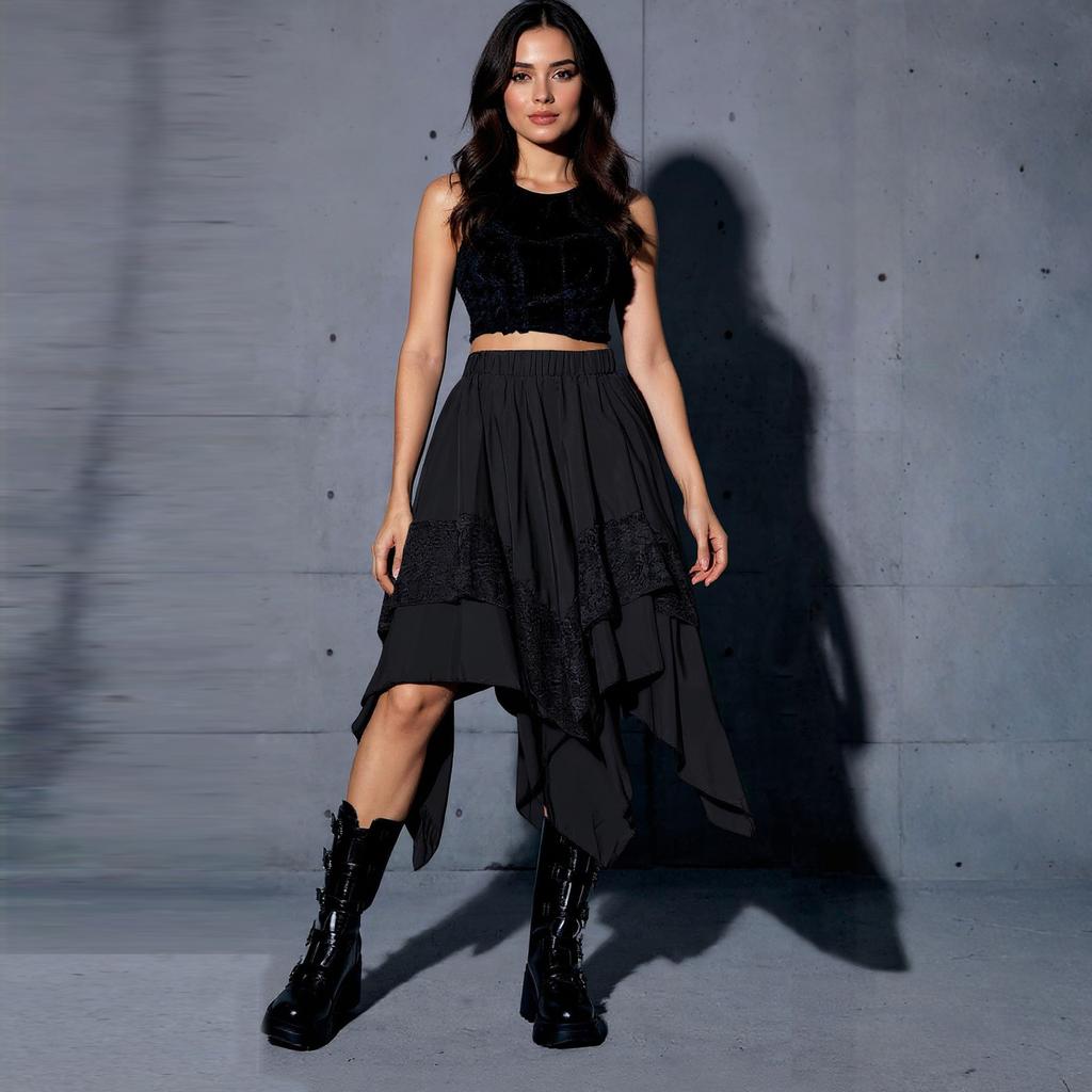 Women's Flowy Skirt Contrast Lace Layered Asymmetrical Midi Skirts