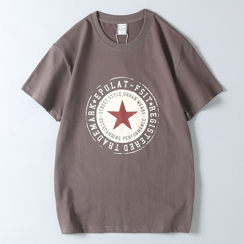 Foreign Trade Export Surplus Comfortable All-Cotton Summer New Men's Fashion Round Neck Five-Pointed Star Print Short-Sleeve T-Shirt