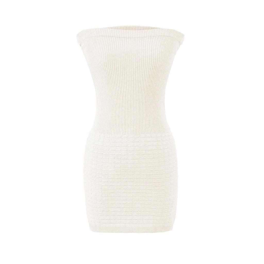 Pure Desire Strapless Bodycon Knit Mini Dress: Slim-Fitting, Waist-Cinching, Textured for Figure Highlighting.