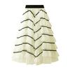 Women Skirt High Waist A-line Big Swing Ruffle Contrast Color Scattered Hem Pleated Patchwork Princess Style Elastic Waist Ankle Length Maxi Skirt