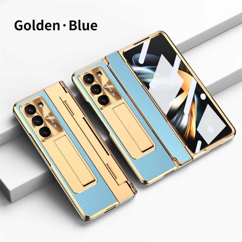 Full Protection Hinge Case for Samsung Galaxy Z Fold8 Ultra / 7 6 5 4 3 Plating PC+Leather Tempered Film Folding Kickstand Cover