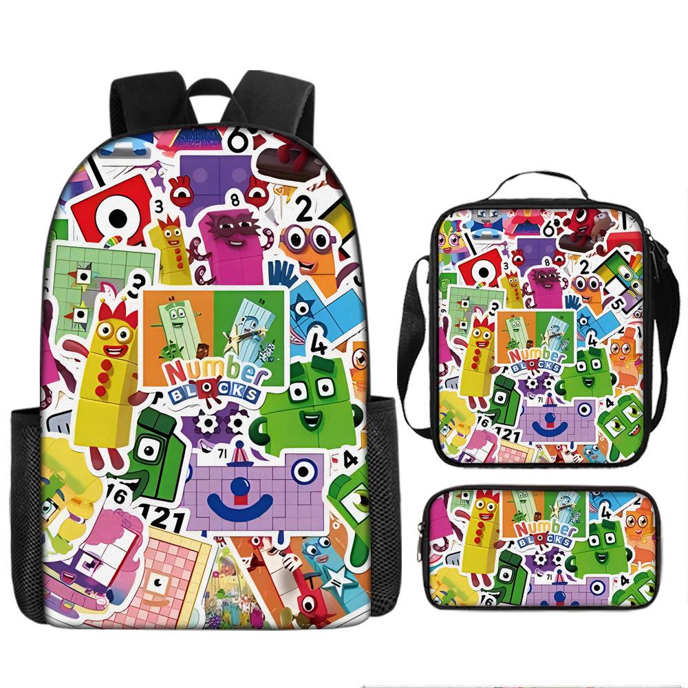 Digital Building Block Numberblocks School Bag Large Capacity Polyester Backpack Satchel Bag Pencil Bag Backpack Three-Piece Set