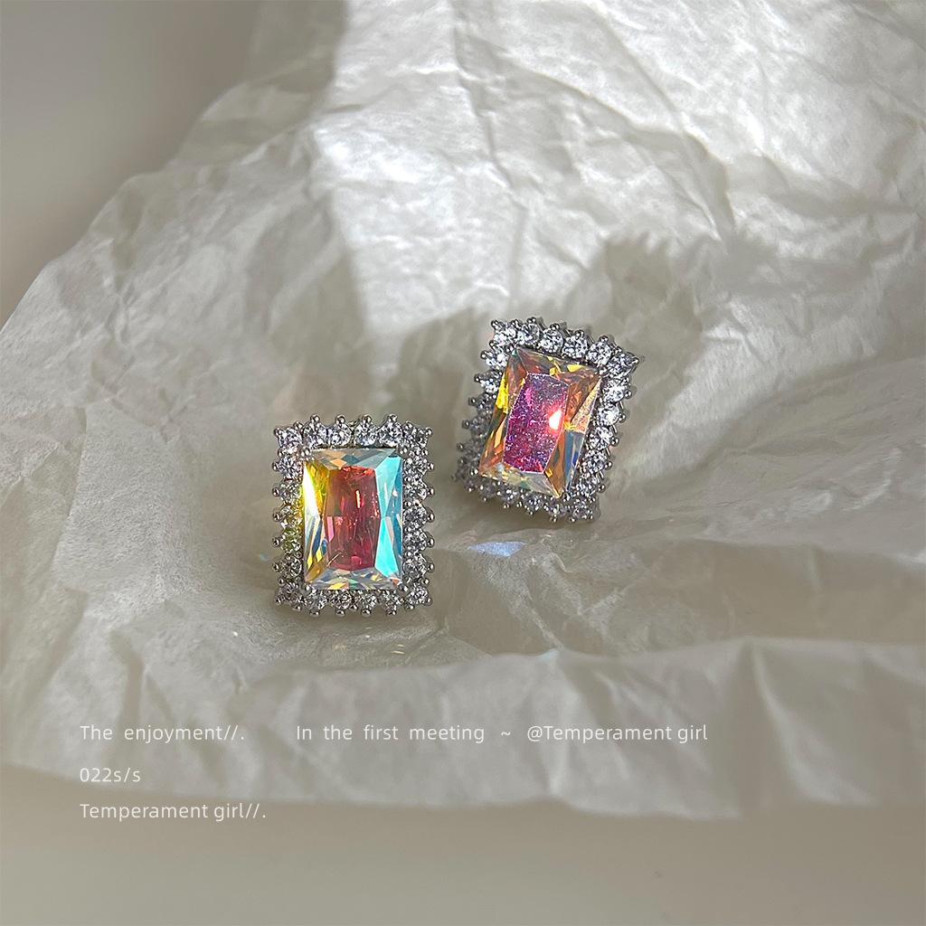 Sparkling Zircon Geometric Stud Earrings Heavy Industry Square Colorful Earrings Sweet Versatile Commuter Earrings