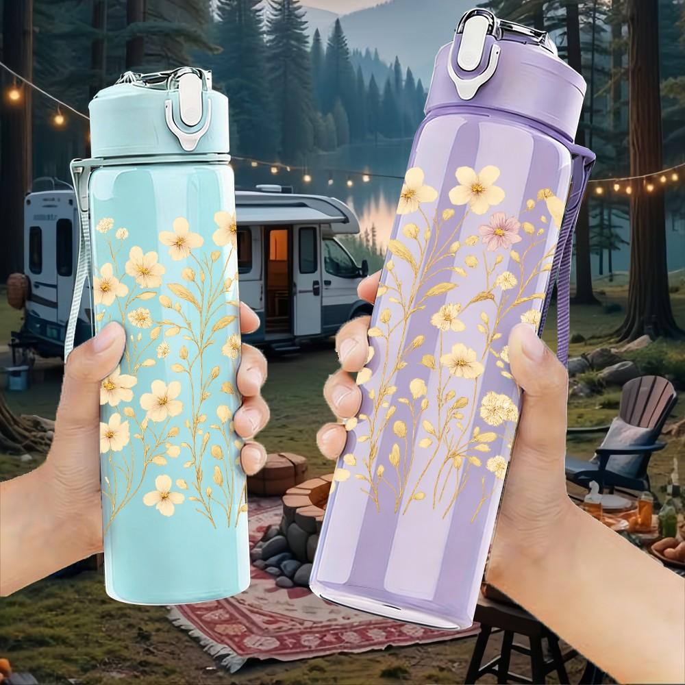 1PC Dry White Dandelion Wild Flower Print 750ml Color Plastic Sports Water Bottle Leakproof Flip Straw Lid Suitable for Sports Office Home Use