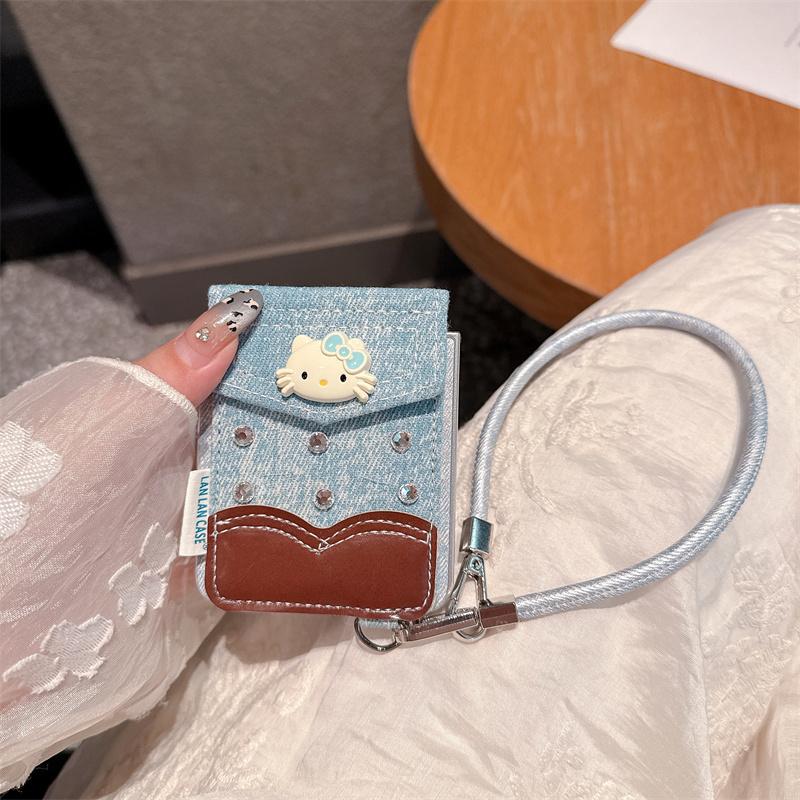 Fashion Cute Hellokitty Diamond Card Bag Phone Case For Samsung Galaxy Z Flip 7 6 5 ZFlip6 ZFlip7 Cover with Hand Strap Denim Ca