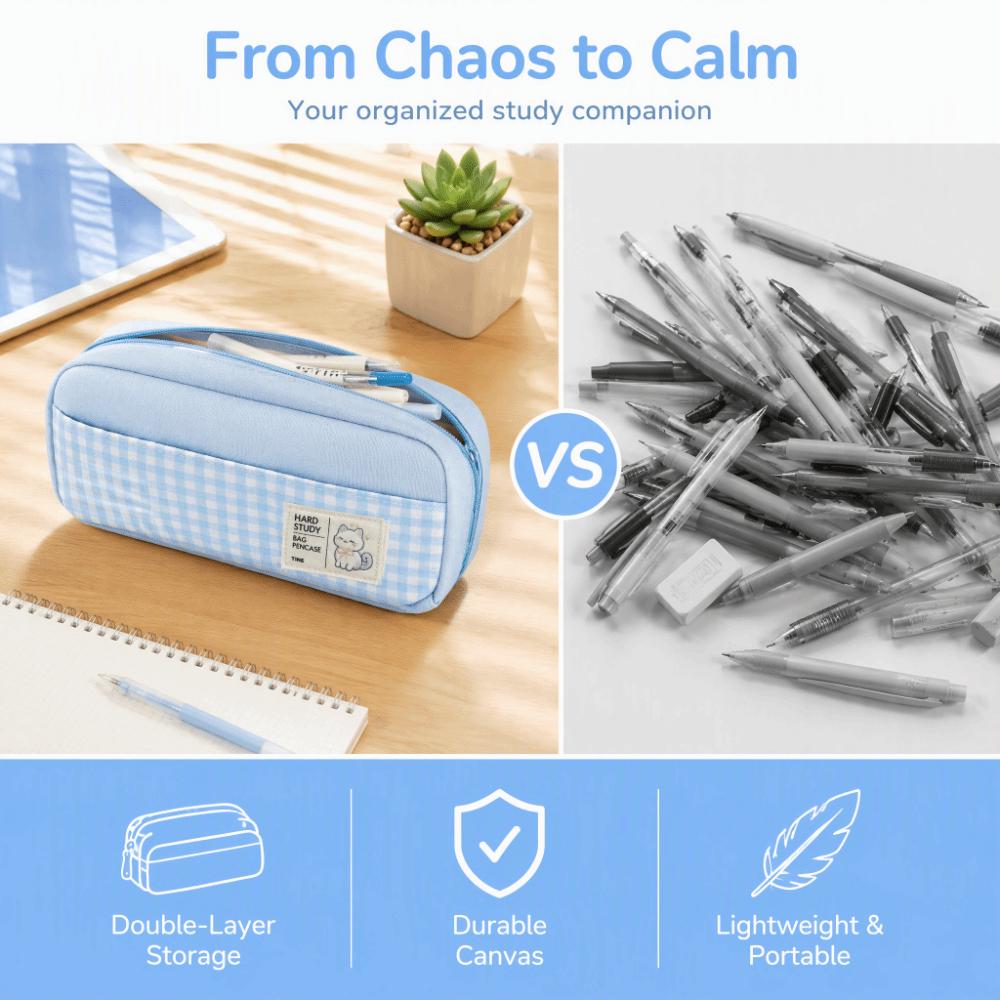 Gingham Check Pencil Case Pastel Color Pencil Pouch Portable Stationery Storage Bag  Back To School