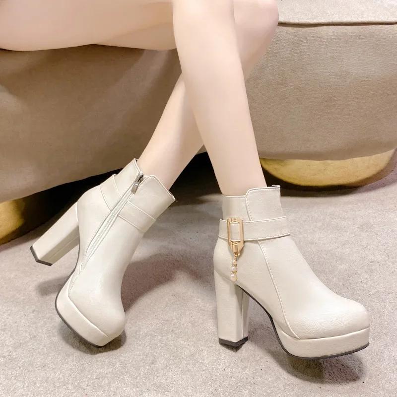 Western Fashion Booties Round Toe Zipper High Heels Women's Shoes Super High Thick Heel Ankle Boots Platform Heels Lady Footwear