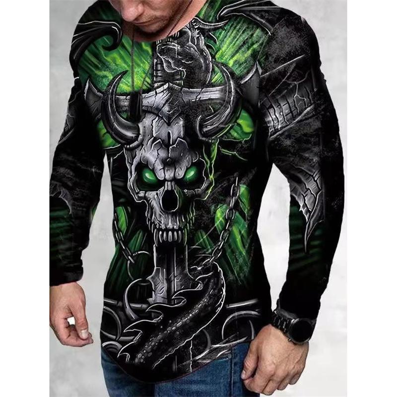 3D Printed Jesus Christianity T Shirt For Men Skeleton Pattern Tees Spring Autumn Breathable T-Shirts O-Neck Tops Long Sleeves