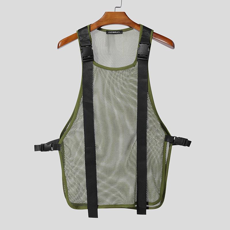 INCERUN Men Summer Sleeveless Mesh See Through Stitching Long Tank Tops XL