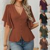 2026 Fashion Temperament Wind Deep V-Neck Solid Color Single-breasted Waist Women's Short Sleeve Top