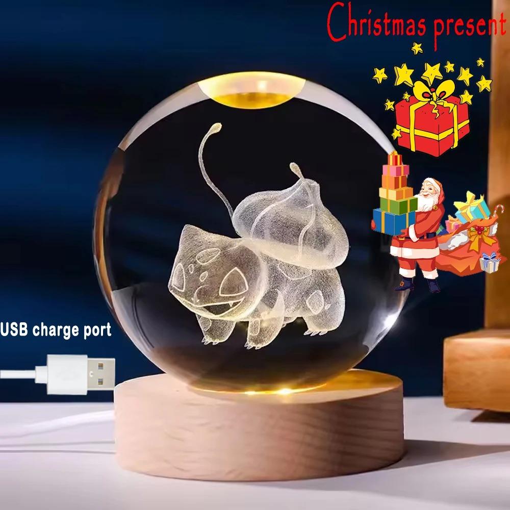 Hot 6cm 3D Crystal Ball Stitch Pikachu Wooden Base with 6cm Crystal Ball Planet Night Light Laser Carving Children's Gifts