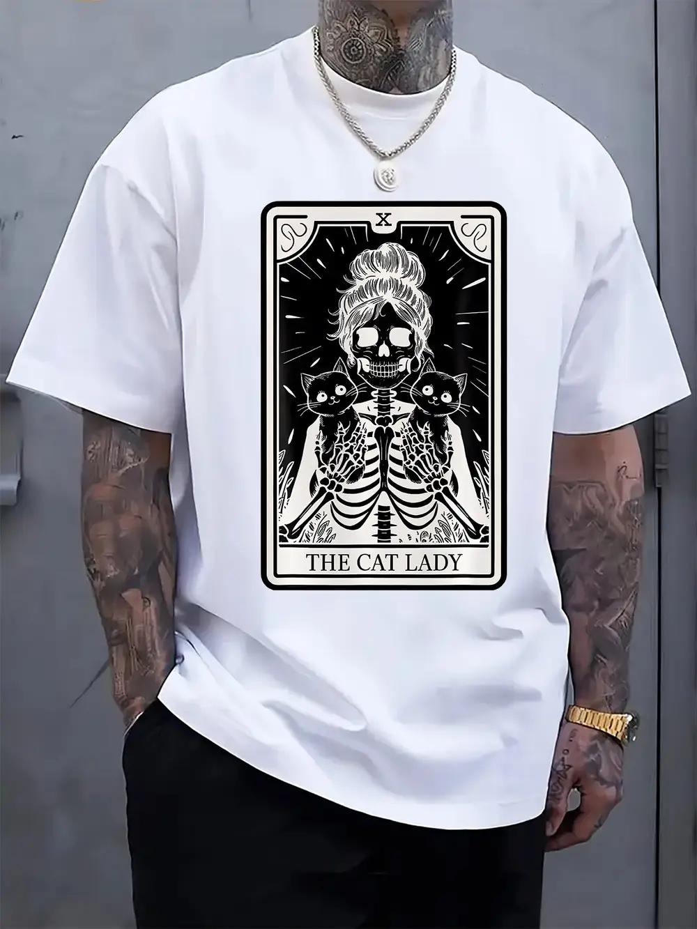 The Cat Lady Tarot Graphic T-shirt - Casual Crew Neck XXXL