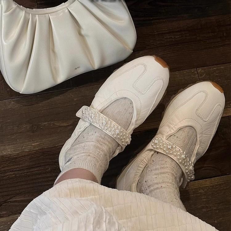 Platform Mary Jane Dexun Shoes Women's 2025 New Leather Pearl Velcro Casual Sports Ballet Shoes