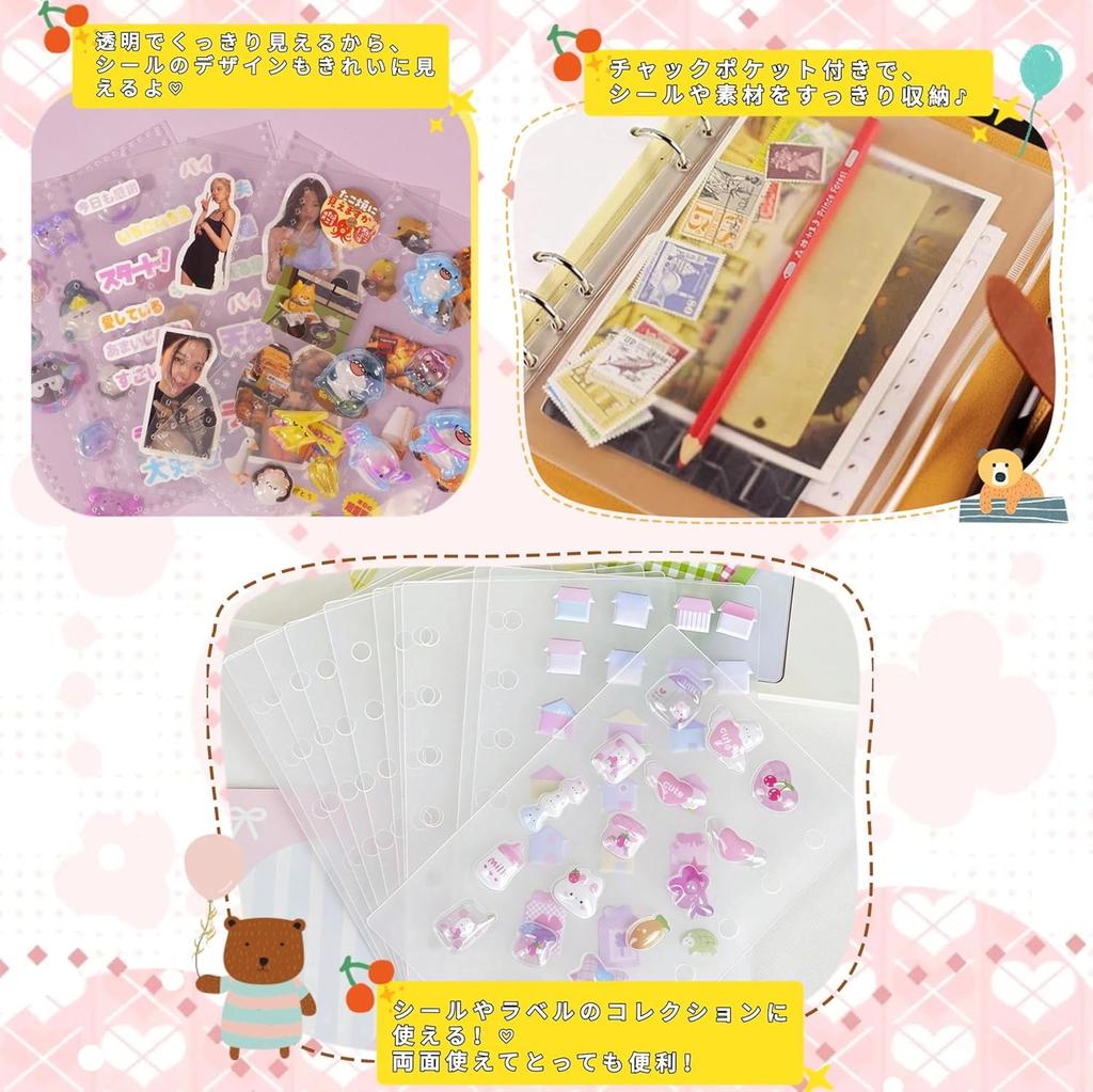 Transparent Sticker A6 Size x 1 Refills x 20 Underlay Sheets x 2 Zippered Pockets x Card Mini Sticker Mini Clear Cute Sticker Sticker Perfect for Fan