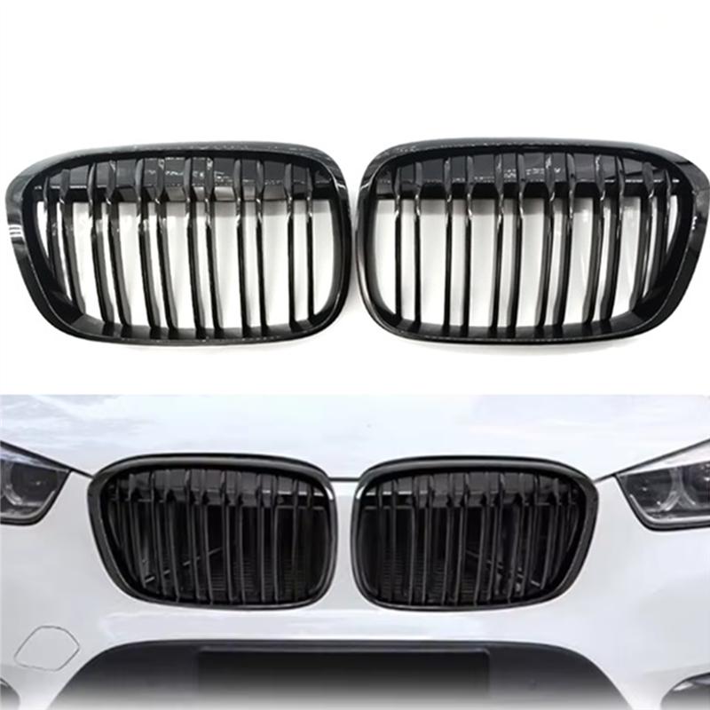 Car Front Bumper Grille For BMW X1 F48 F49 2016-2018 Double Line Gloss Black- Part Numbers 51117383363, 51117383364