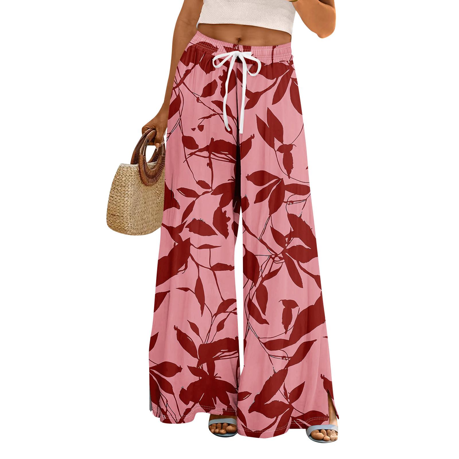 

Женские летние брюки-палаццо в стиле бохо с высокой талией, широкие повседневные брюки с карманами XL арбуз красный