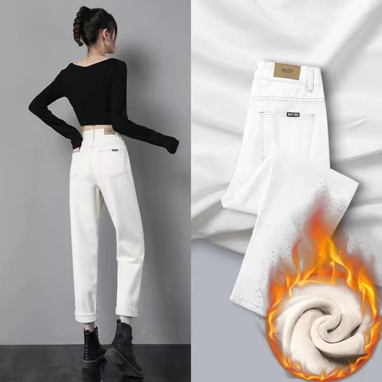 

Весенние и осенние женские джинсы с флисом. Брюки-харлан. Свободные джинсовые джинсы. Эластичные брюки с редисом. Длинные брюки. Джинсовые брюки. Брюки длиной девять четвертей. 32 белый