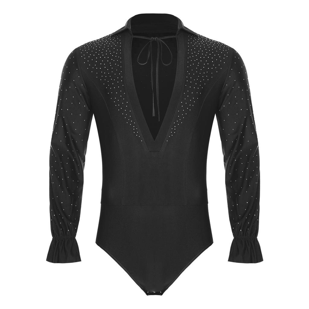 Mens Deep V Neck Long Sleeve Leotard Glitter Rhinestones Bodysuit Openable Crotch Latin Jazz Dance Ballet Costume