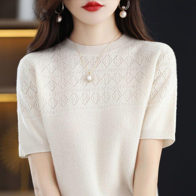 Knitted Shirt Hollowed Out T-shirt Spring New Round Neck Short Sleeved Loose Top