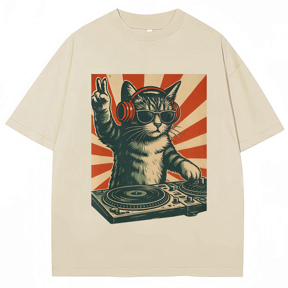 Funny Cool Dj Cat Meme Graphic Vintage T Shirt Men Women Humor T Shirts Oversized Cotton Casual T-shirt Streetwear Gifts