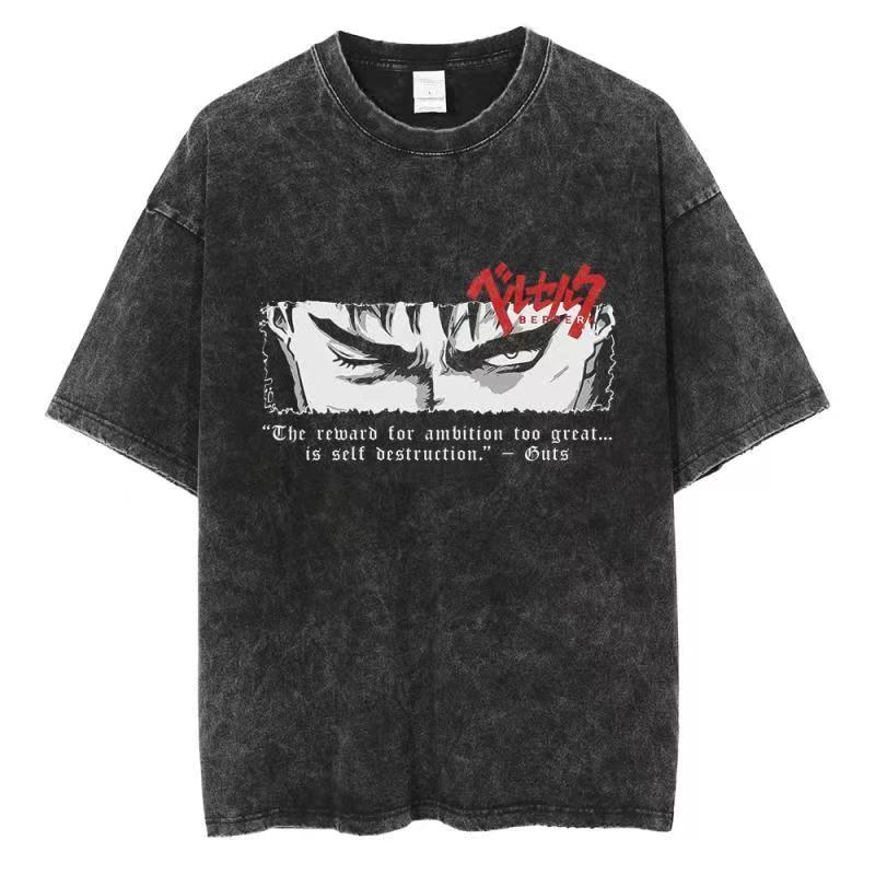 Berserk Print T-shirt Men Women Washed Vintage Japan Anime Oversize Streetwear Harajuku Summer Short Sleeve Tshirt Cotton Tops