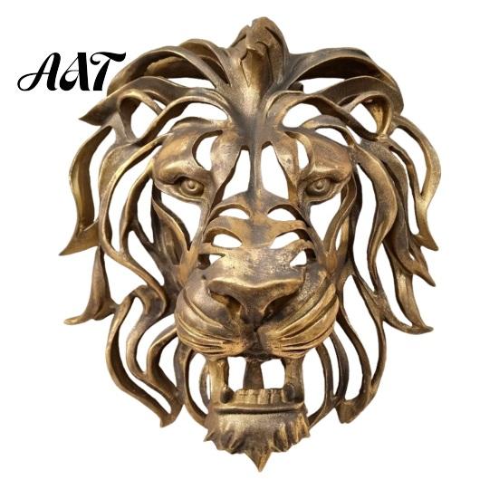 Retro Bronze Home Wall Ornament Lion Sculpture, Resin Decorative Art, 3D Animal Head Sculpture for Living Room Figurine, Hollow Hanging Pendant Indoor