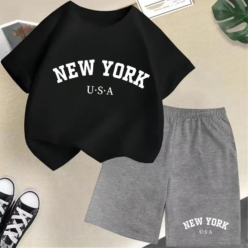 2026 New Kids Boys Girls New York Letter Pattern Polyester T-shirt+Shorts 2-Piece Set Casual Daily