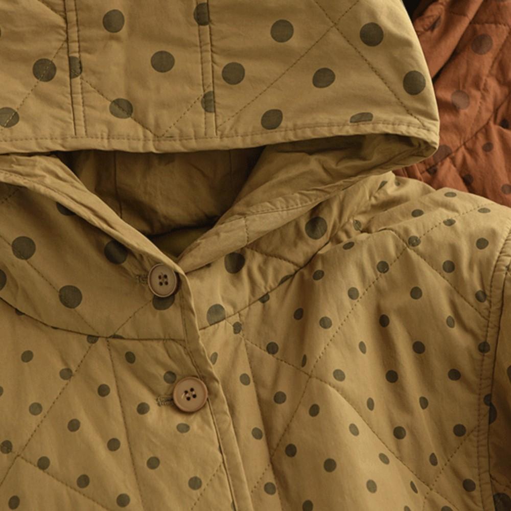 Johnature Women Vintage Hooded Button Warm Polka Winter Loose Casual Soft Female Pockets Thick Coats