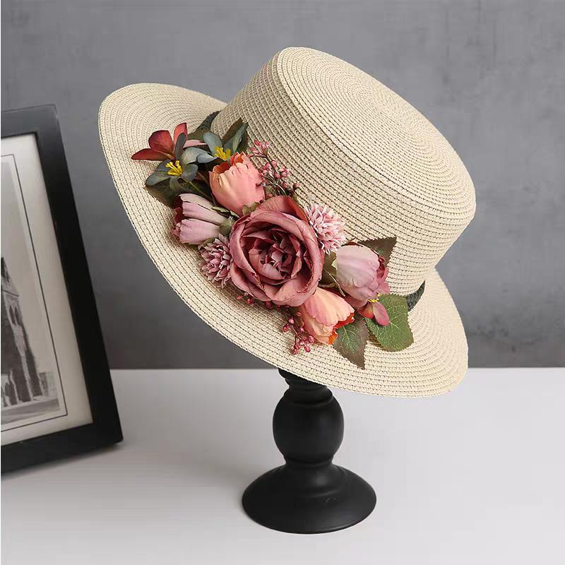 spring summer flower hat French women's straw flat hat elegant beach hat Barrel cap sun hat outdoor travel sun hat wholesale