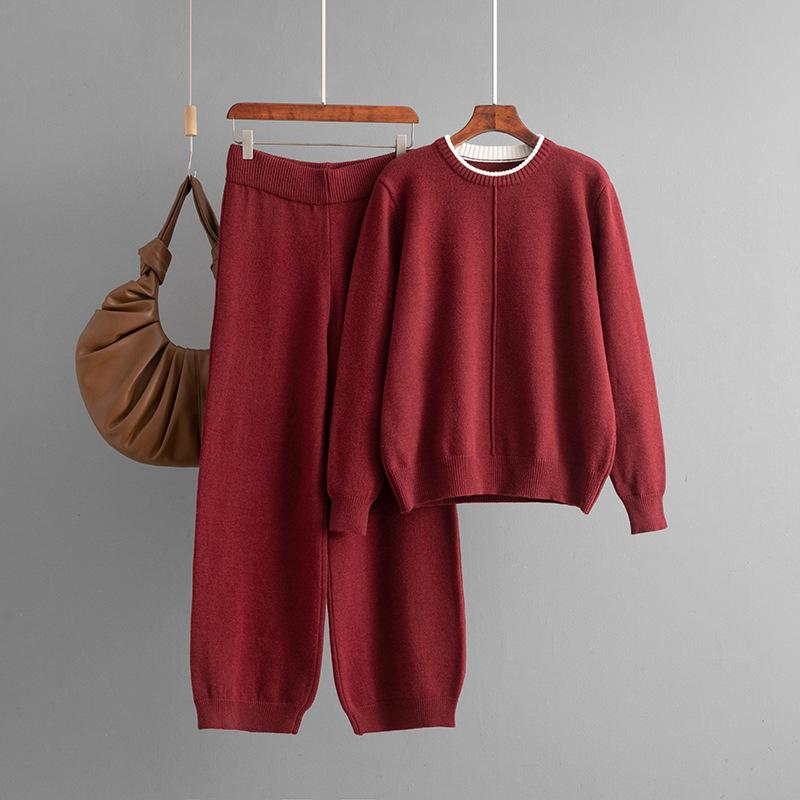 A New Solid-color Knitted Loose Sweater and Casual Pants Two-piece Fashion Set for Autumn and Winter
