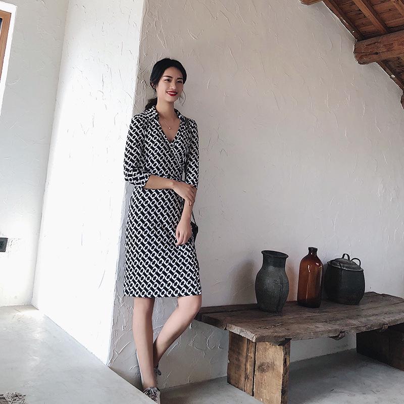 Women's Stand Collar High Waist Wrap Dress - Black & White, 3/4 Sleeve for Summer/Autumn