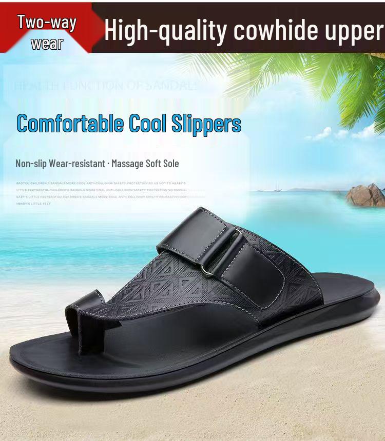 Men's 2025 Summer Genuine Leather Flip-Flops - Embossed Cowhide Toe-Post Sandals for Sport & Casual Wear