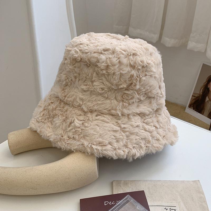 Fluffy Warm Beige Winter Hat For Women Sweet Korean Style Ear Bucket Protection