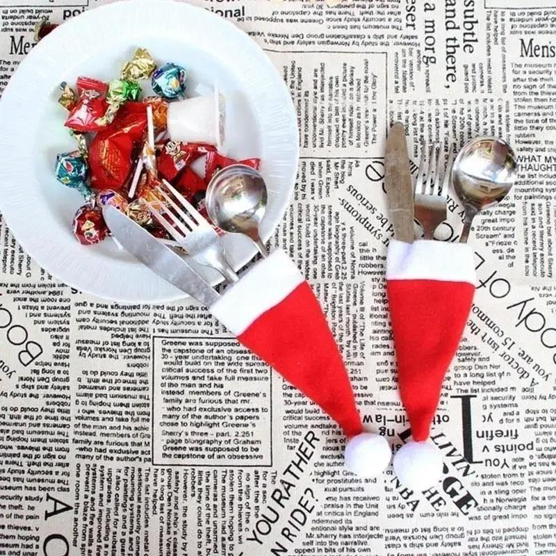 Christmas New Year Tableware Knife and Fork Storage Set Personalized Mini Red Elderly Hat Decoration Home Decoration Accessories