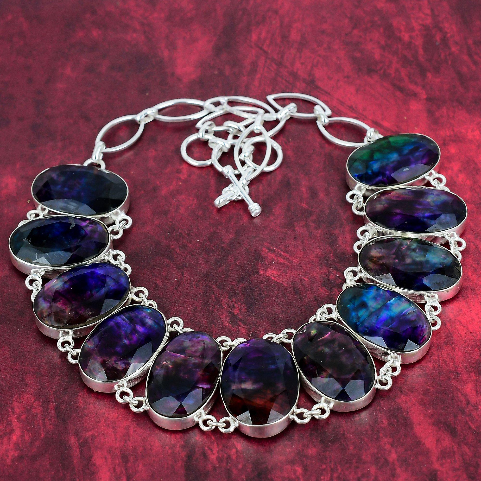 

Ожерелье из чистого серебра 925 пробы с натуральным аммолитом и регулируемой цепочкой, ювелирное ожерелье ручной работы из драгоценных камней, ко Дню памяти Adjustable with 18 inches синий