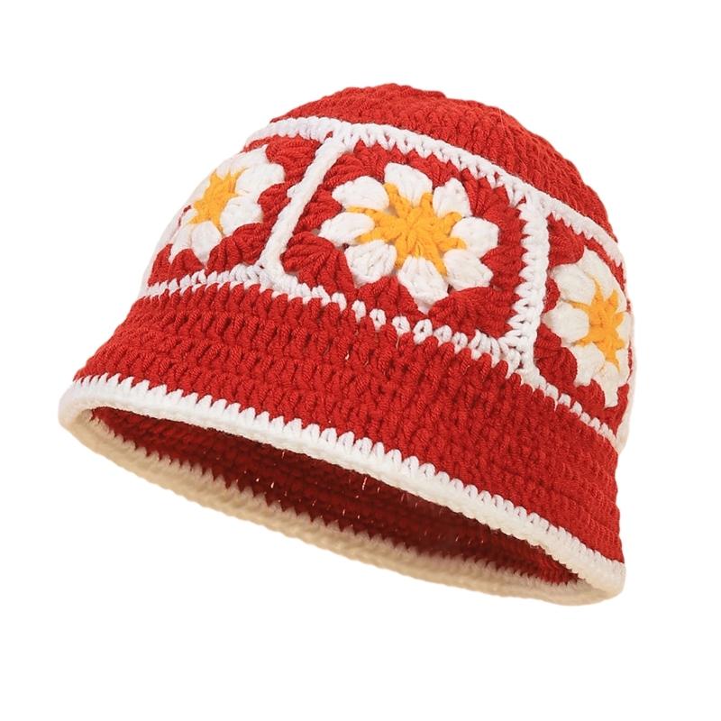 Elegant Bucket Hat Floral Granny-square Crochet Hat Holiday Decors Vacation Hat Western Cloch Style for Schoolgirls