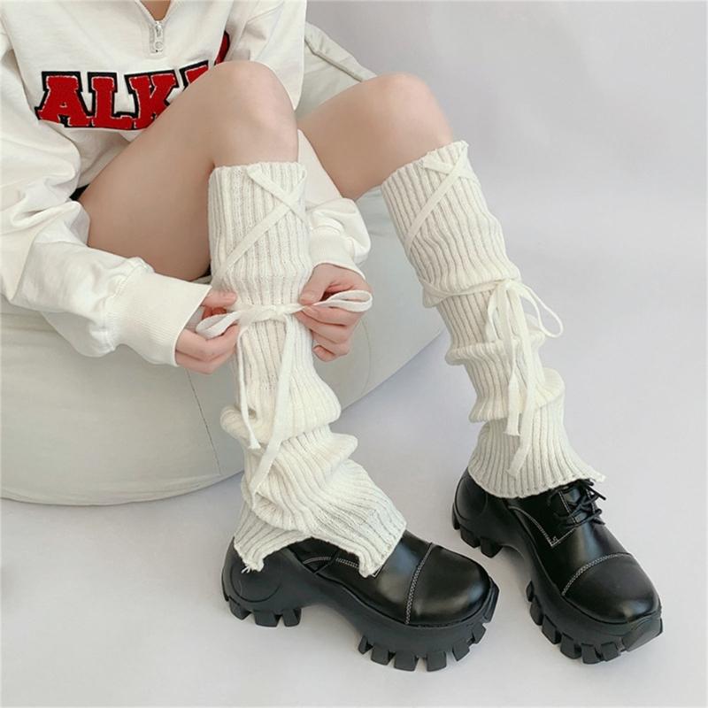 Girls Lolitas Leg Warmers Bows Lace Up Knit Flared Leg Sleeves Goth Baggy Cuffs Ankle Heap Socks JK Uniform Foot Cover