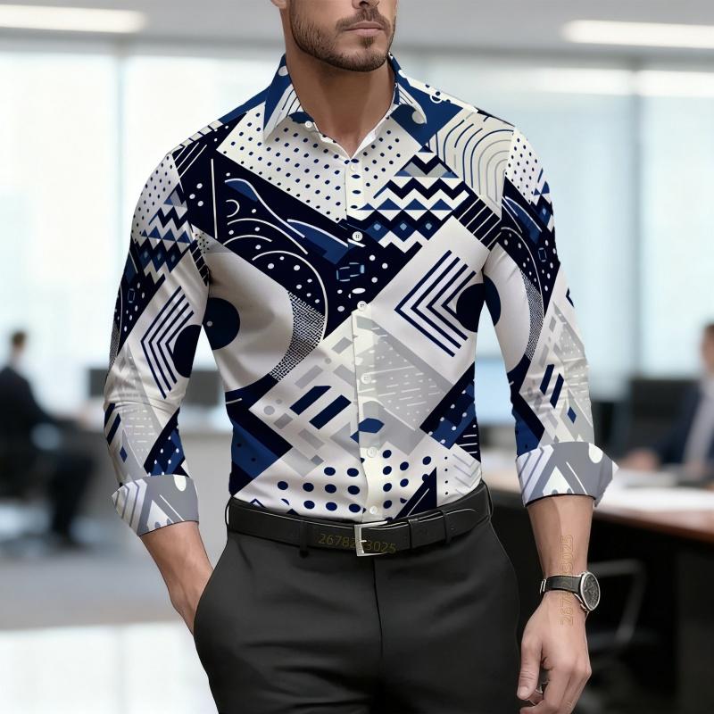 Men's Shirt with Geometric Block Print, Slim Fit, Business Commuting Long Sleeved Shirt, Spring and Autumn Trendy Casual Top