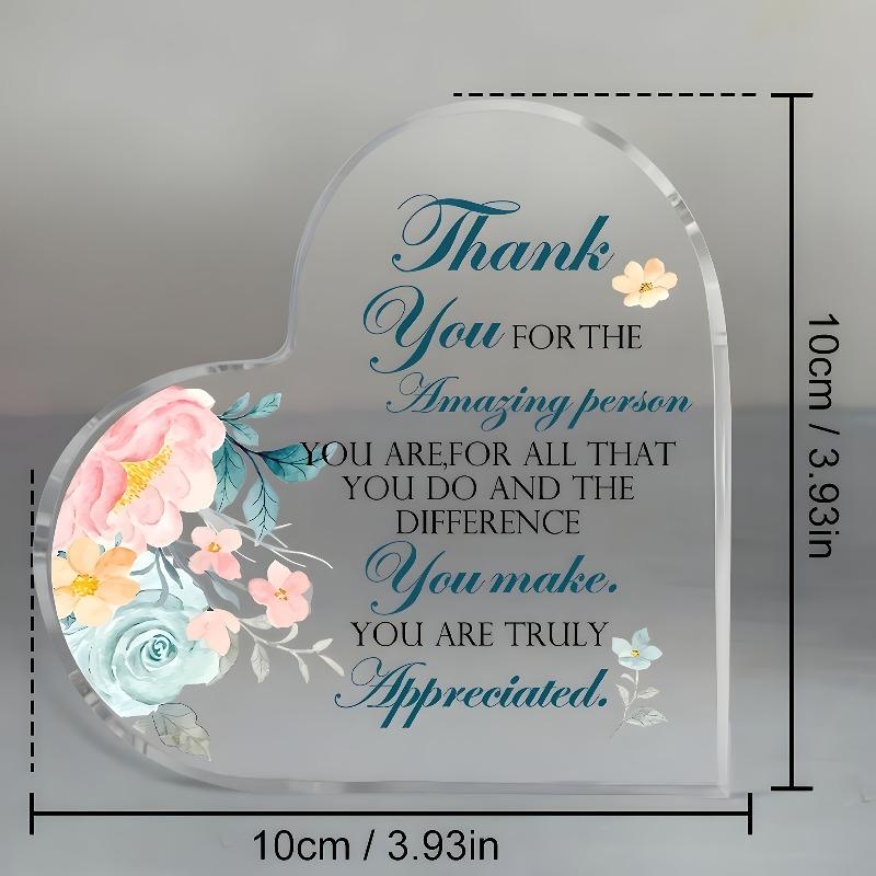 2D Flat, Heart-Shaped Acrylic Thank You Gift Desk Decor Plaque, Inspirational Message & Floral Thank You Card-like Design, Suitable for Wall Decoratio