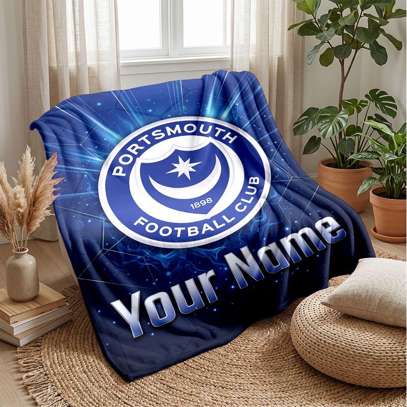 Portsmouth FC Custom Name Text Flannel Blanket Soccer Logo Personalized Fleece Throw Blanket Special Gift For Sofa Bedroom Home
