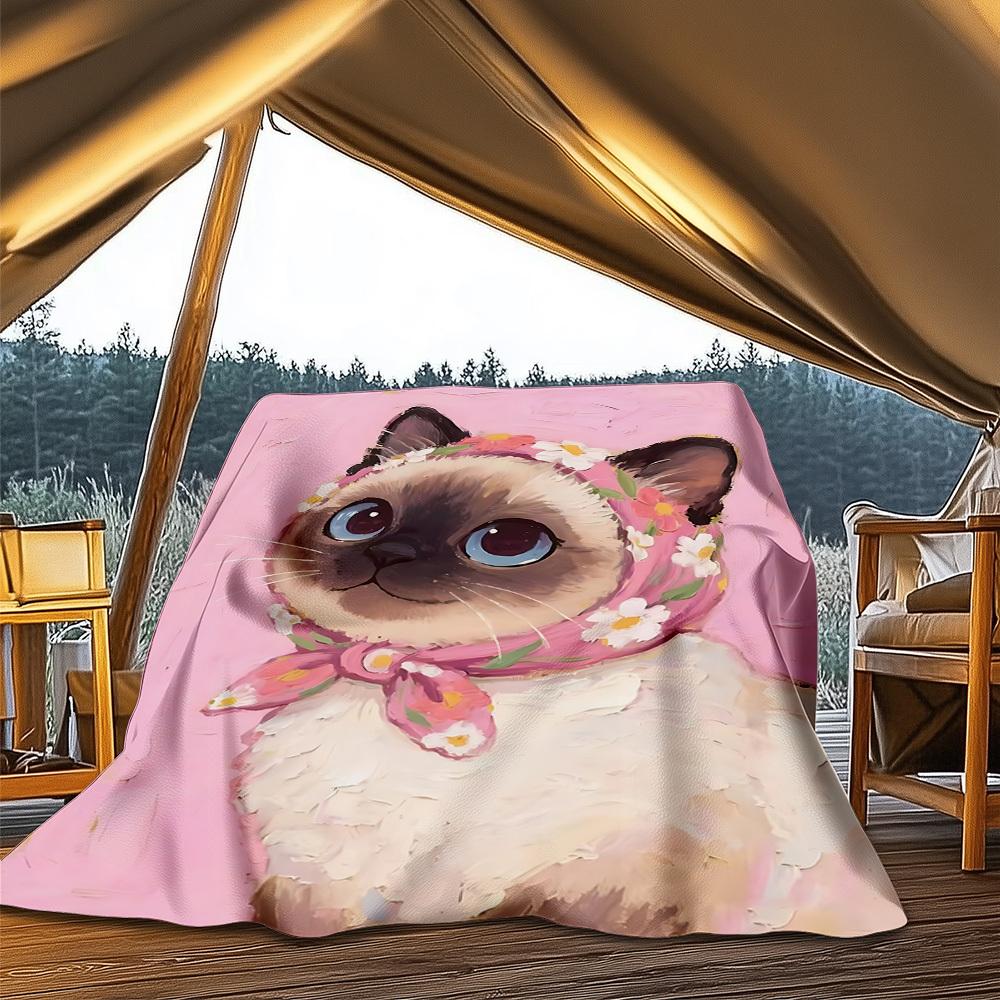 1pc Cat Floral Outdoor Blanket Soft Flannel Cozy for Travel & Camping All Season