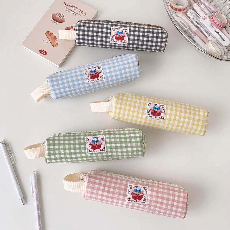 Cute Plaid Large Capacity Pencil Case Pen Bag Kawaii Stationery Storage Bag Suitable For Back-To-School Season Girls