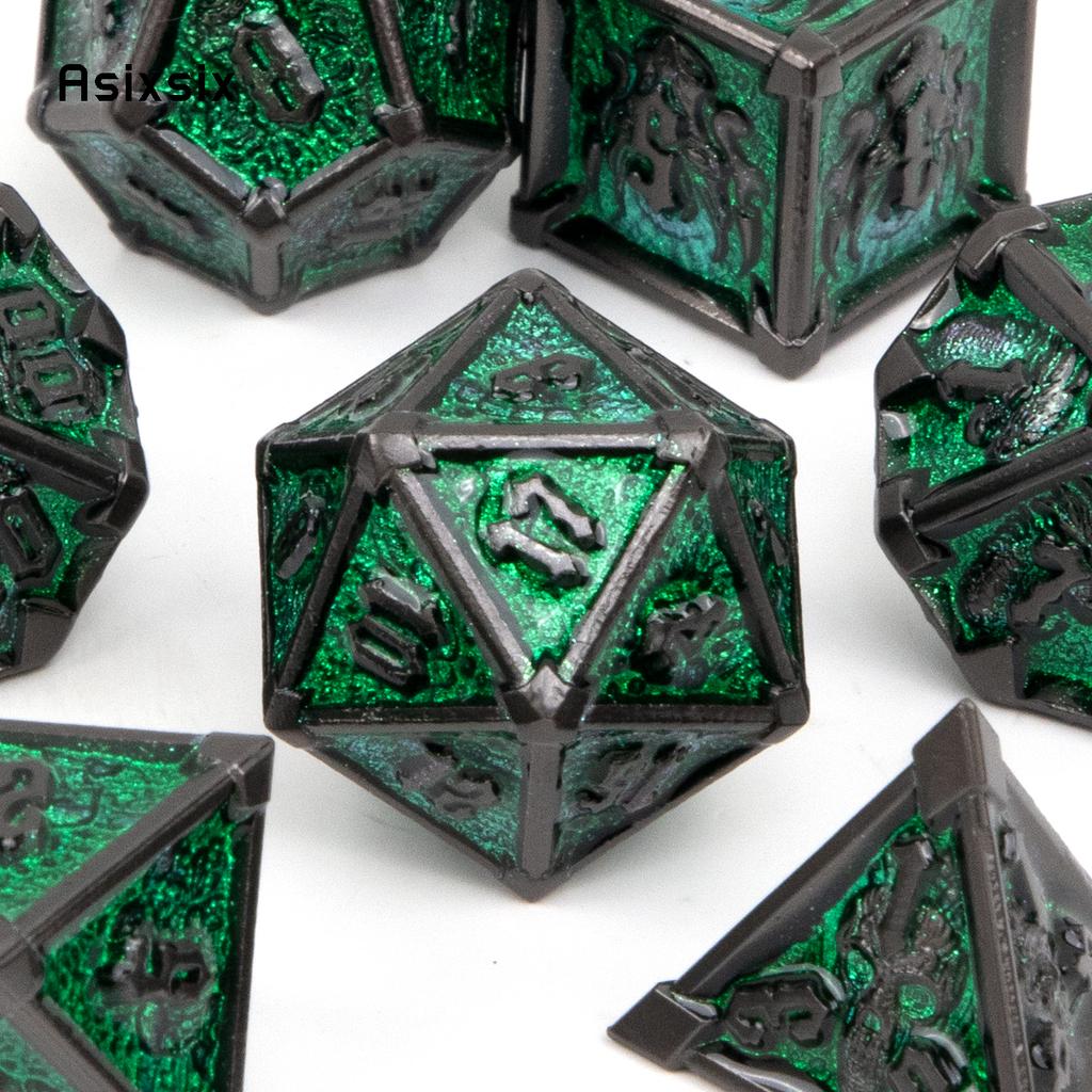 7 Pcs Black Green Skull Metal Dice Solid Metal Polyhedral Dice Set Suitable for Role-Playing RPG Board Game Card Game