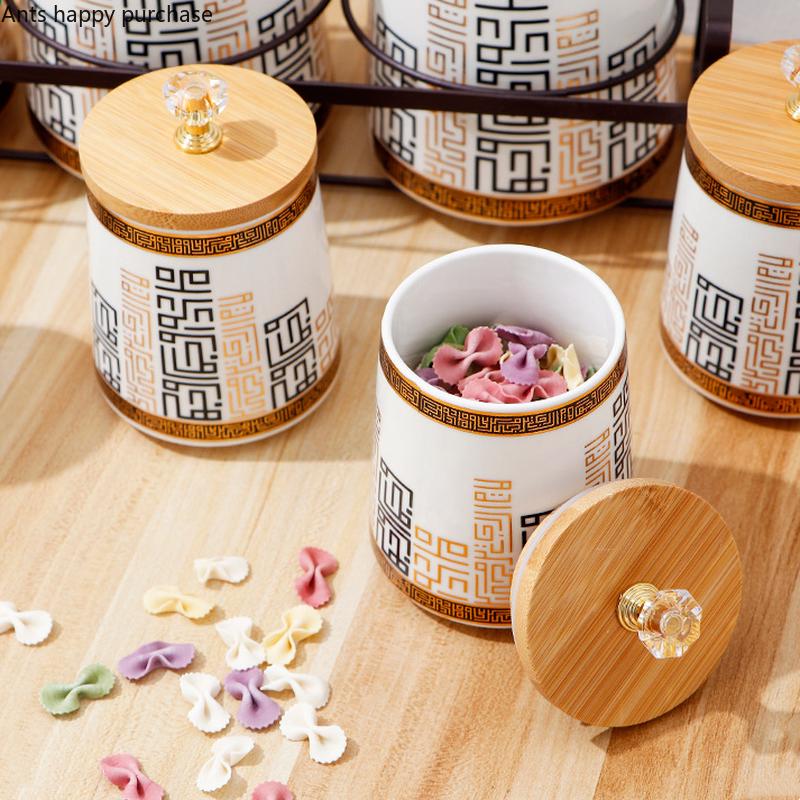 Bamboo Lid Storage Jar Ceramic Airtight Jar Kitchen Supplies Storage Tank Organizer Food Storage Containers Spice Jars Tea Caddy