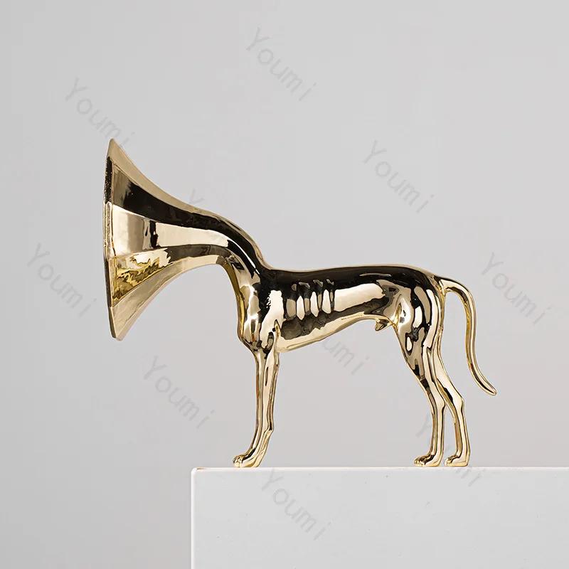 Creative Gold Horn Dog Figurine Decor Light Luxury Modern Bedroom Metal Animal Art Crafts Living Room Decoration Accessories