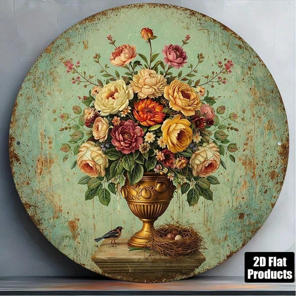 1pc 8x8in Vintage Floral Vase Round Metal Sign Rustic Farmhouse Wall Art Home Decor
