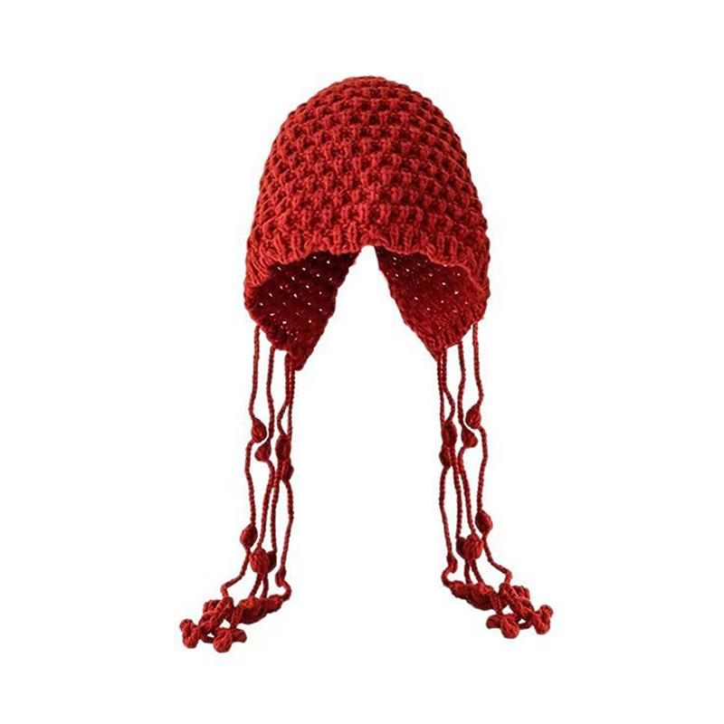 

Повседневная тканевая наклейка Шапка с бахромой Вязаная шапка Однотонная Пуловер Косички Шапка Защита ушей Вязаный крючком капор as the picture