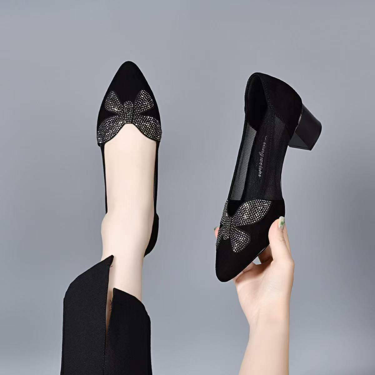 

Pointed mesh single shoes women s 2025 shallow mouth one pedal women s shoes black rhinestone butterfly love flower breathable high heels mesh shoes 41