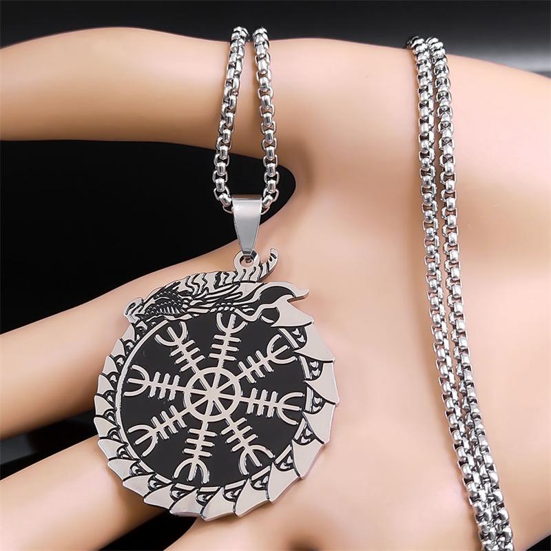 Viking Helm of Awe Compass Dragon Chain Necklace for Women Men Stainless Steel Aegishjalmur Scandinavian Necklace Jewelry N7959